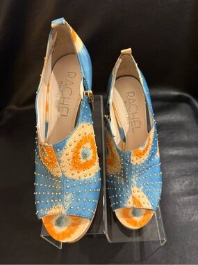 Rachel Roy Platform Peep Toe Heels Size 7M Orange Cream Blue Tie Dye Design